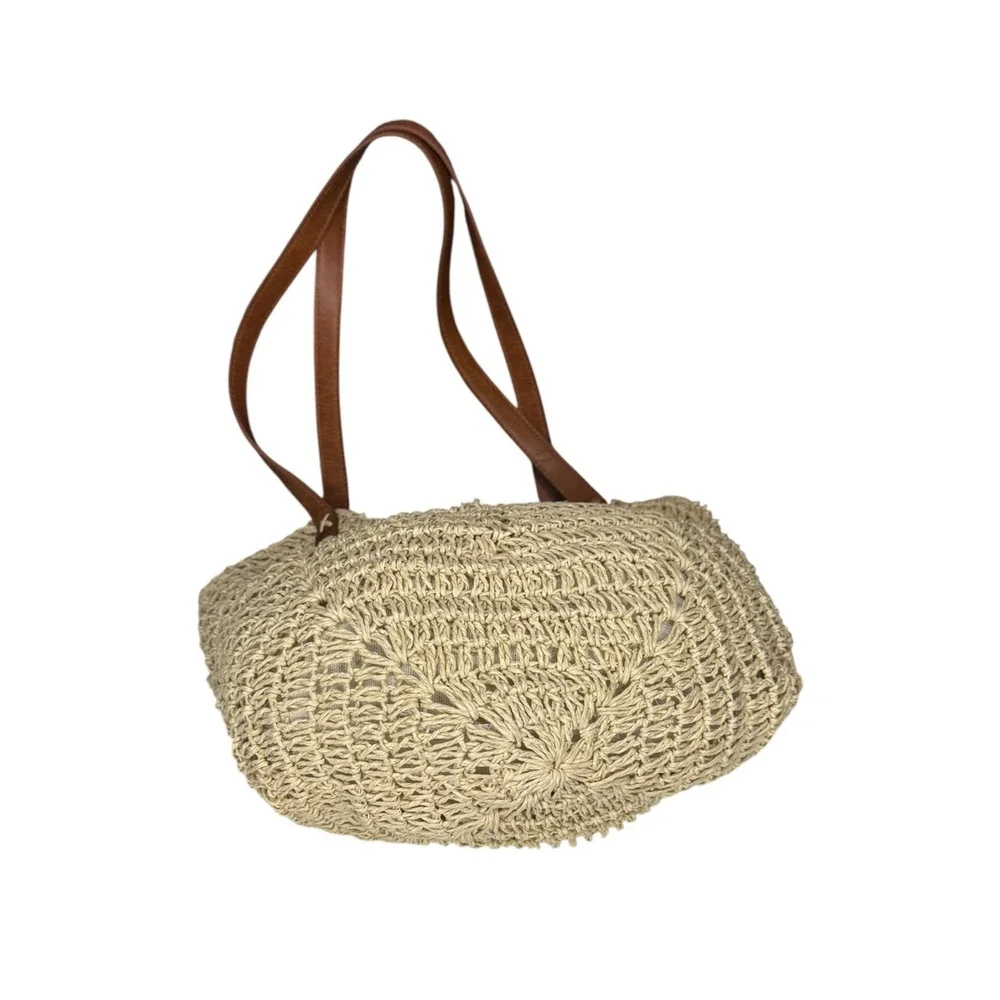 LinYooLi Woven Straw Crochet‎ Cream & Brown Faux Leather Straps Boho Tote Bag
